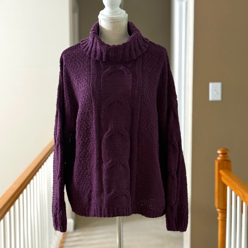 Seven7 Premium‎ Chenille Cable Knit Cowl Neck Sweater, Blackberry Wine, Size XL